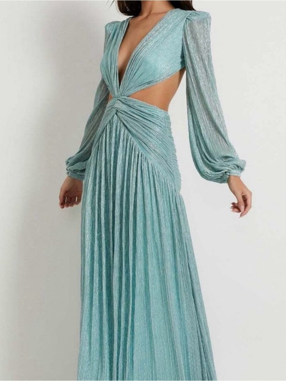 PatBO Metallic Seafoam Lurex Cutout Gown